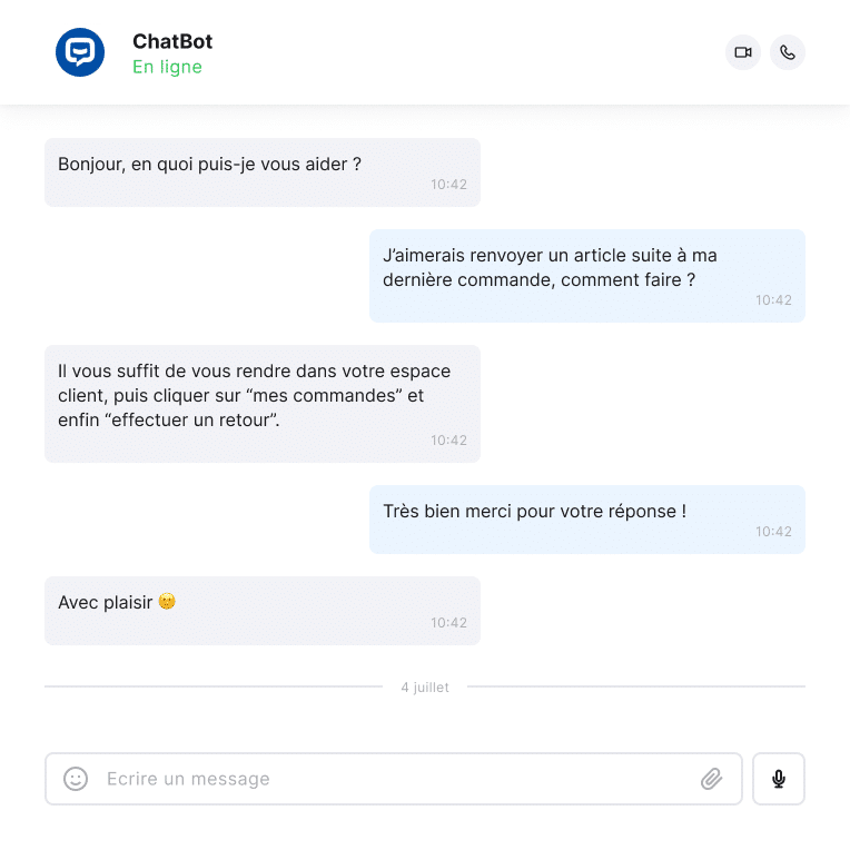 ChatBot : Des interactions naturelles et personnalisées. Une expérience fluide avec des réponses selon les préférences de vos utilisateurs.