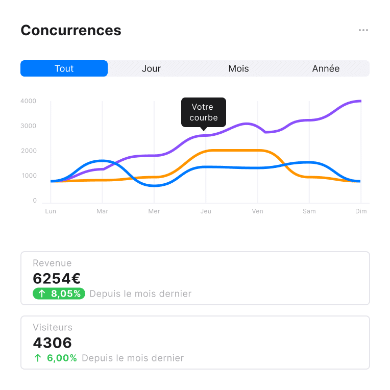 Performances annuelles de KPI clés, avec des données sur les revenus et le nombre de visiteurs sur la période