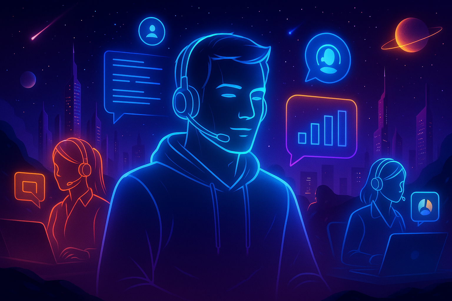 Illustration futuriste d’un centre d’appels digitalisé, avec des agents holographiques et interfaces d’IA dans un décor technologique vibrant, intégrant des néons violets, bleus électriques et orange vif, symbolisant la communication, l'automatisation et la relation client augmentée.