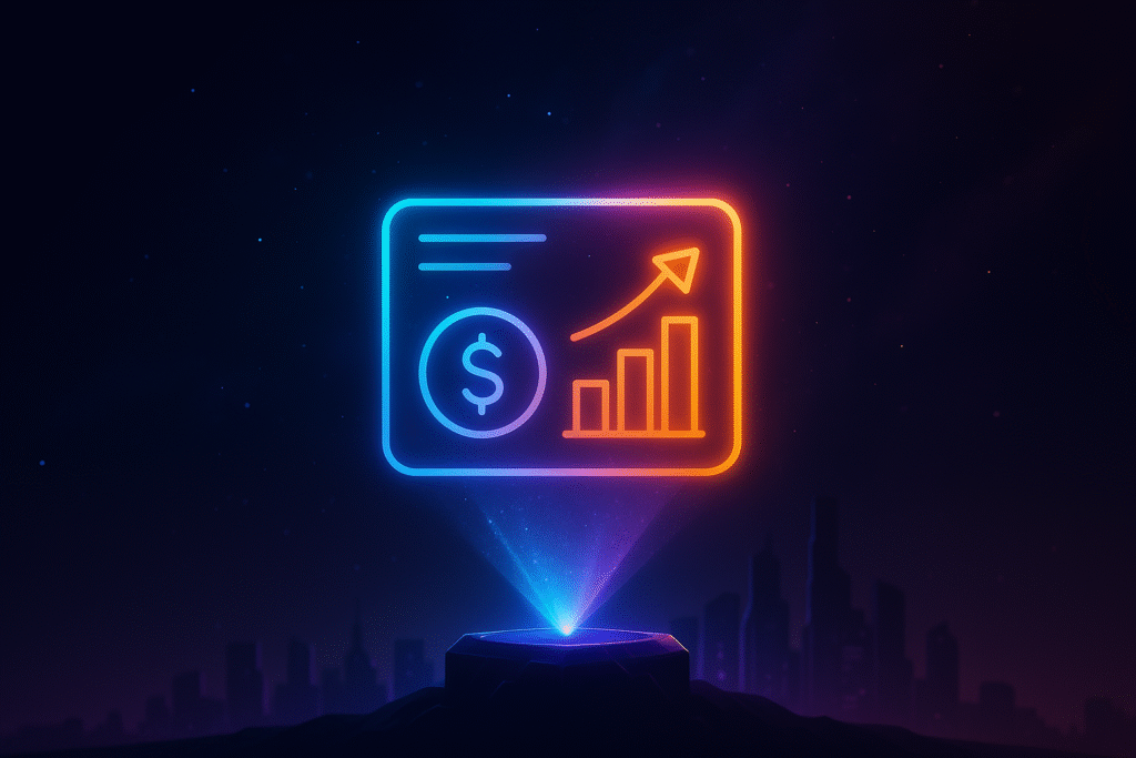 Illustration minimaliste futuriste représentant un CRM dédié à la gestion d’investissement, symbolisé par un unique élément holographique 3D aux couleurs néon violet, bleu électrique et orange vif, illustrant la modernité, la simplicité et la gestion stratégique des actifs.