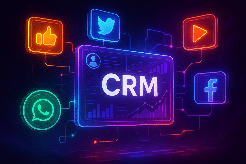 Illustration futuriste d’un CRM connecté aux réseaux sociaux sous forme d'hologrammes dynamiques aux couleurs violettes, bleues électriques et orange vif, symbolisant l'interaction sociale, la gestion des données clients et la technologie innovante.