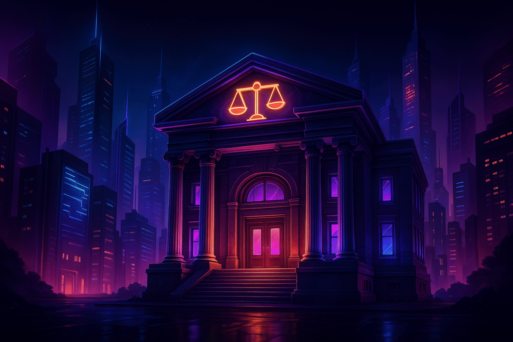 llustration futuriste d'une entreprise juridique dans une ville moderne éclairée par des néons violets et bleus électriques, symbolisant l’expertise, la confiance et la modernité dans le domaine du droit.