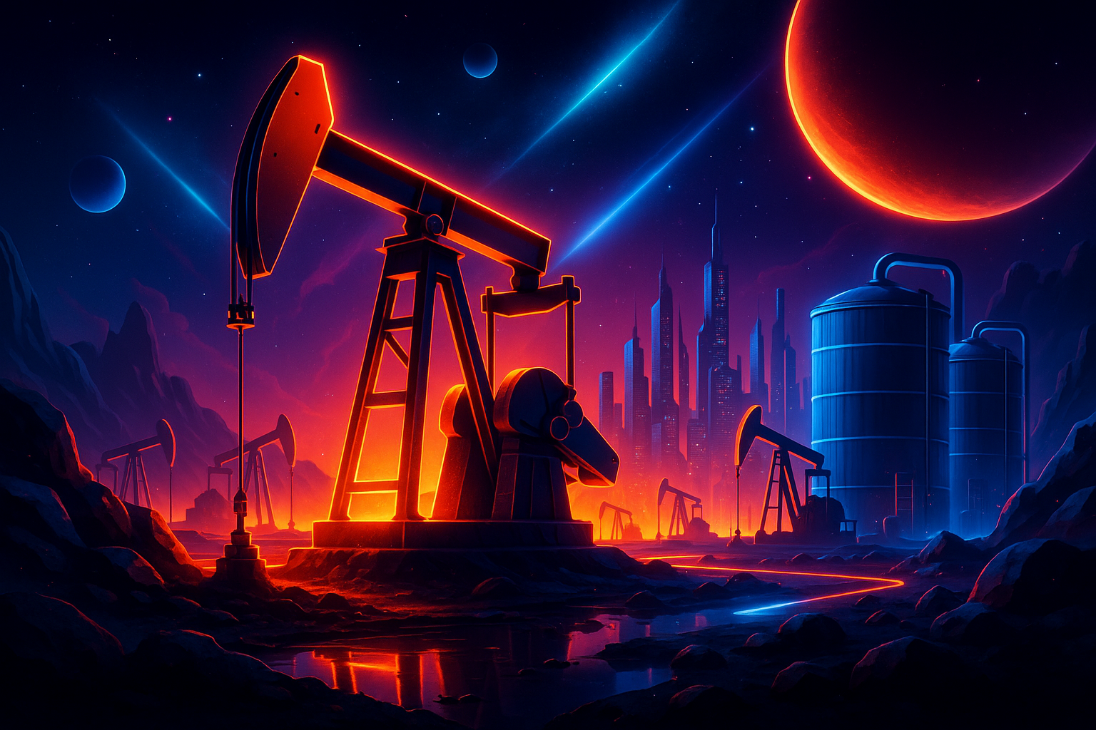 Illustration futuriste d’un site pétrolier dans un décor cosmique avec une ville technologique en arrière-plan, des machines d’extraction illuminées par des néons orange et bleu, entourées de cratères, planètes et étoiles, symbolisant l’énergie, l’industrie et la transformation spatiale