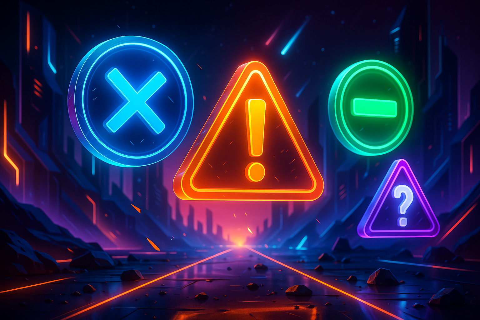 Illustration futuriste représentant les erreurs courantes en prospection digitale à travers des symboles holographiques dynamiques aux couleurs néon violet, bleu électrique et orange vif, dans un décor immersif et technologique évoquant l’innovation et la stratégie numérique moderne.