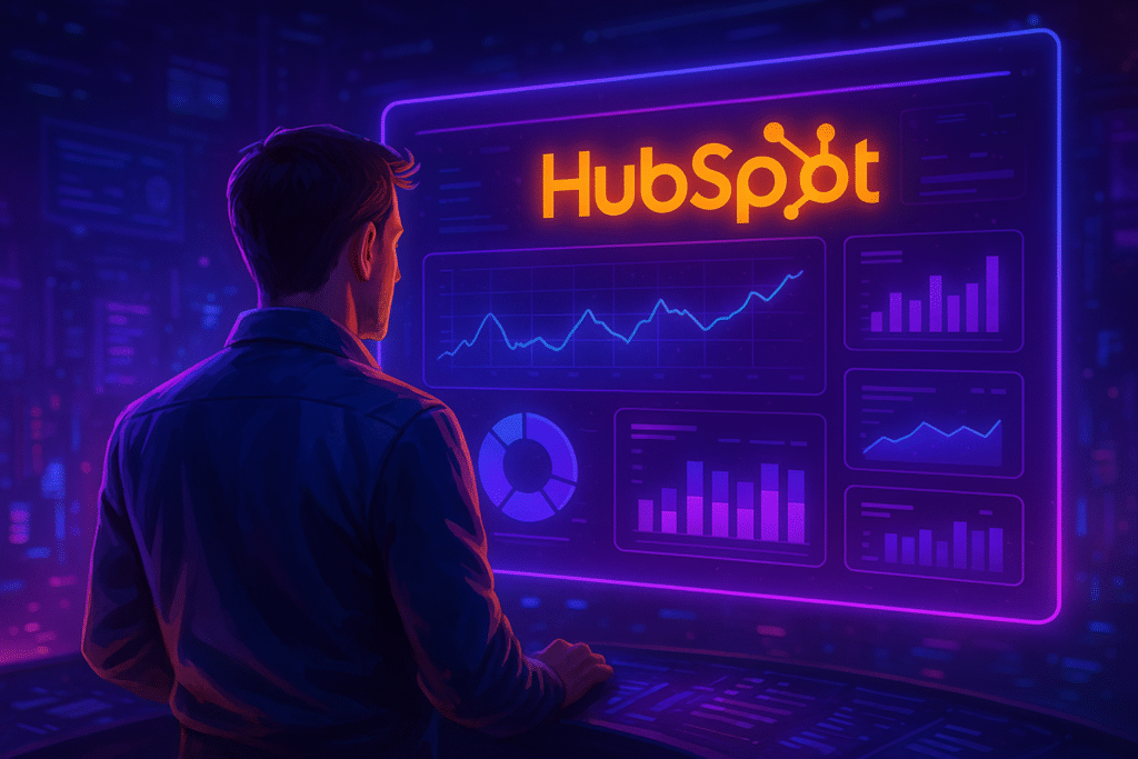 Homme consultant un dashboard HubSpot holographique, immergé dans un environnement technologique aux teintes violettes et bleues électriques, évoquant l’efficacité, l’analyse de données et l’innovation numérique.