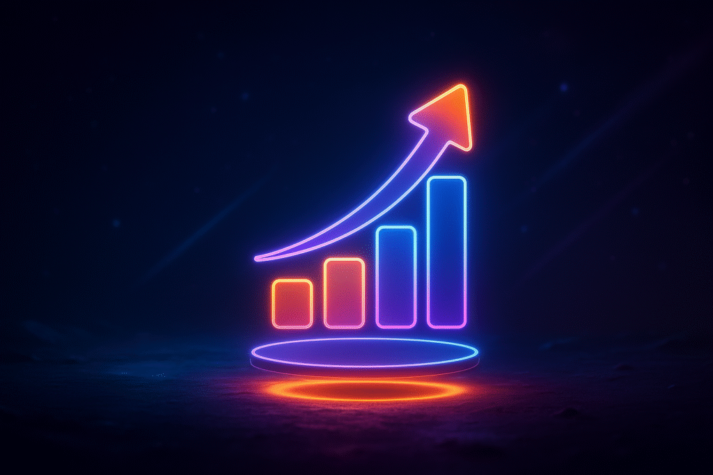 Illustration minimaliste futuriste représentant une infographie pour promouvoir votre entreprise, avec un unique élément holographique 3D lumineux aux couleurs néon violet, bleu électrique et orange vif, symbolisant l'efficacité et la communication visuelle moderne.