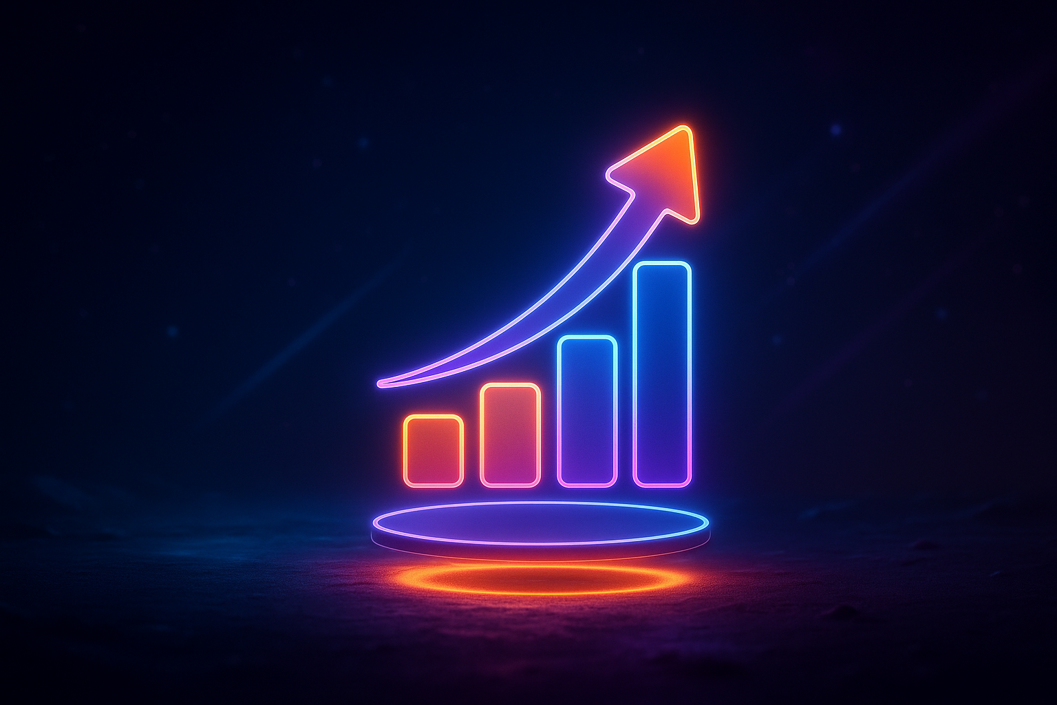Illustration minimaliste futuriste représentant une infographie pour promouvoir votre entreprise, avec un unique élément holographique 3D lumineux aux couleurs néon violet, bleu électrique et orange vif, symbolisant l'efficacité et la communication visuelle moderne.