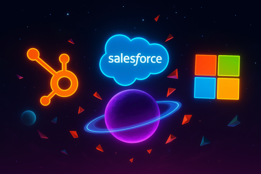 logos futuristes lumineux d’HubSpot, Salesforce et Microsoft dans un décor cosmique dynamique, parfait pour illustrer l’innovation et les solutions technologiques pour entreprises.
