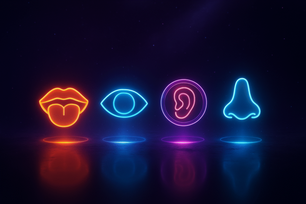 Illustration minimaliste et futuriste du marketing sensoriel, représenté par des symboles holographiques lumineux aux couleurs néon violet, bleu électrique et orange vif, évoquant les sens, l’émotion et la perception dans un univers numérique épuré.