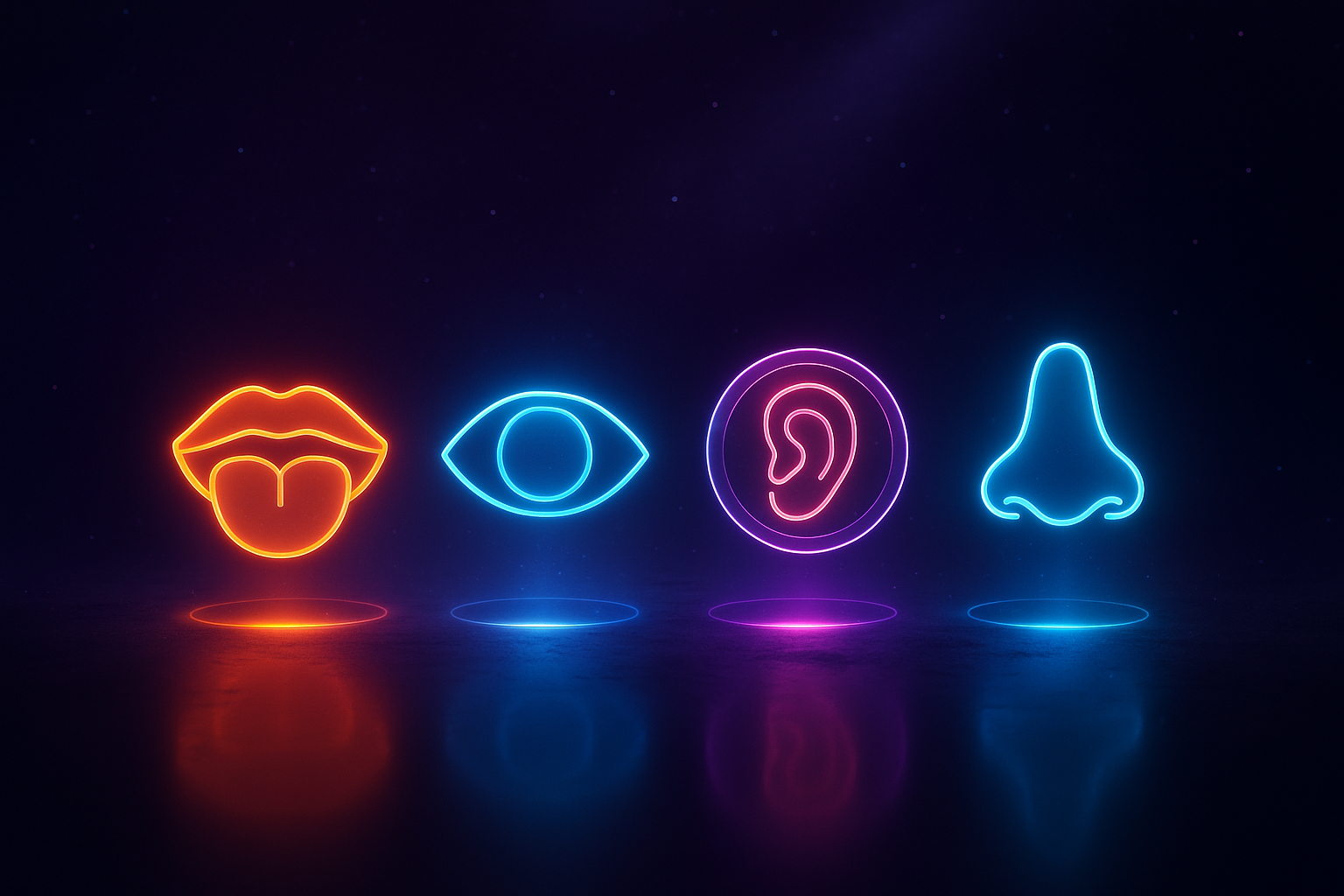 Illustration minimaliste et futuriste du marketing sensoriel, représenté par des symboles holographiques lumineux aux couleurs néon violet, bleu électrique et orange vif, évoquant les sens, l’émotion et la perception dans un univers numérique épuré.