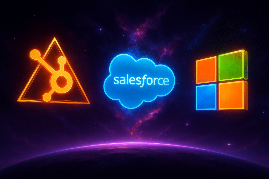 Illustration numérique représentant les logos lumineux d'HubSpot, Salesforce et Microsoft flottant dans un paysage spatial futuriste, incarnant l’innovation, la transformation digitale et la puissance technologique des grandes marques.