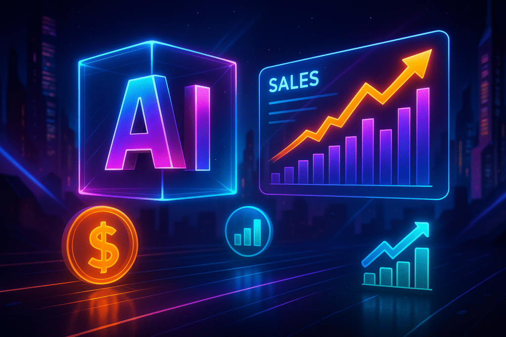 Illustration futuriste représentant la prévision des ventes grâce à l’intelligence artificielle, avec des graphiques holographiques dynamiques aux couleurs néon violet, bleu électrique et orange vif, évoquant l’innovation, la précision et l’analyse prédictive avancée.