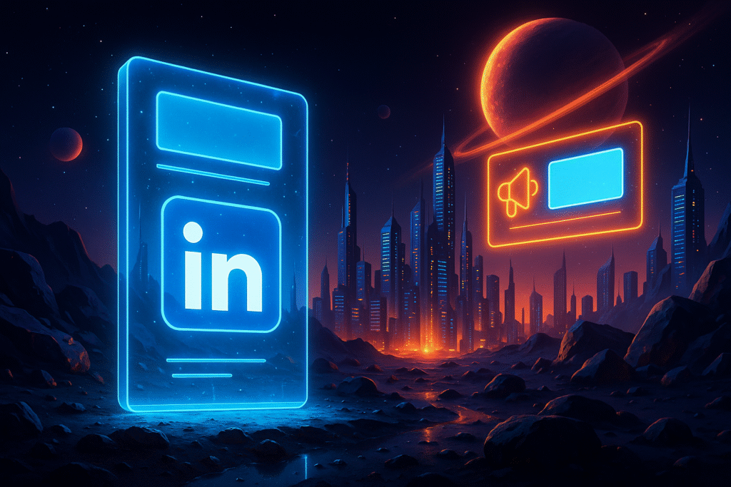 Illustration futuriste d’une campagne de publicité LinkedIn, mettant en scène des interfaces holographiques dans un décor néon et technologique, avec éléments de ville futuriste, ciel cosmique et visuels aux couleurs violet, bleu électrique et orange vif, symbolisant la communication B2B et la visibilité digitale.