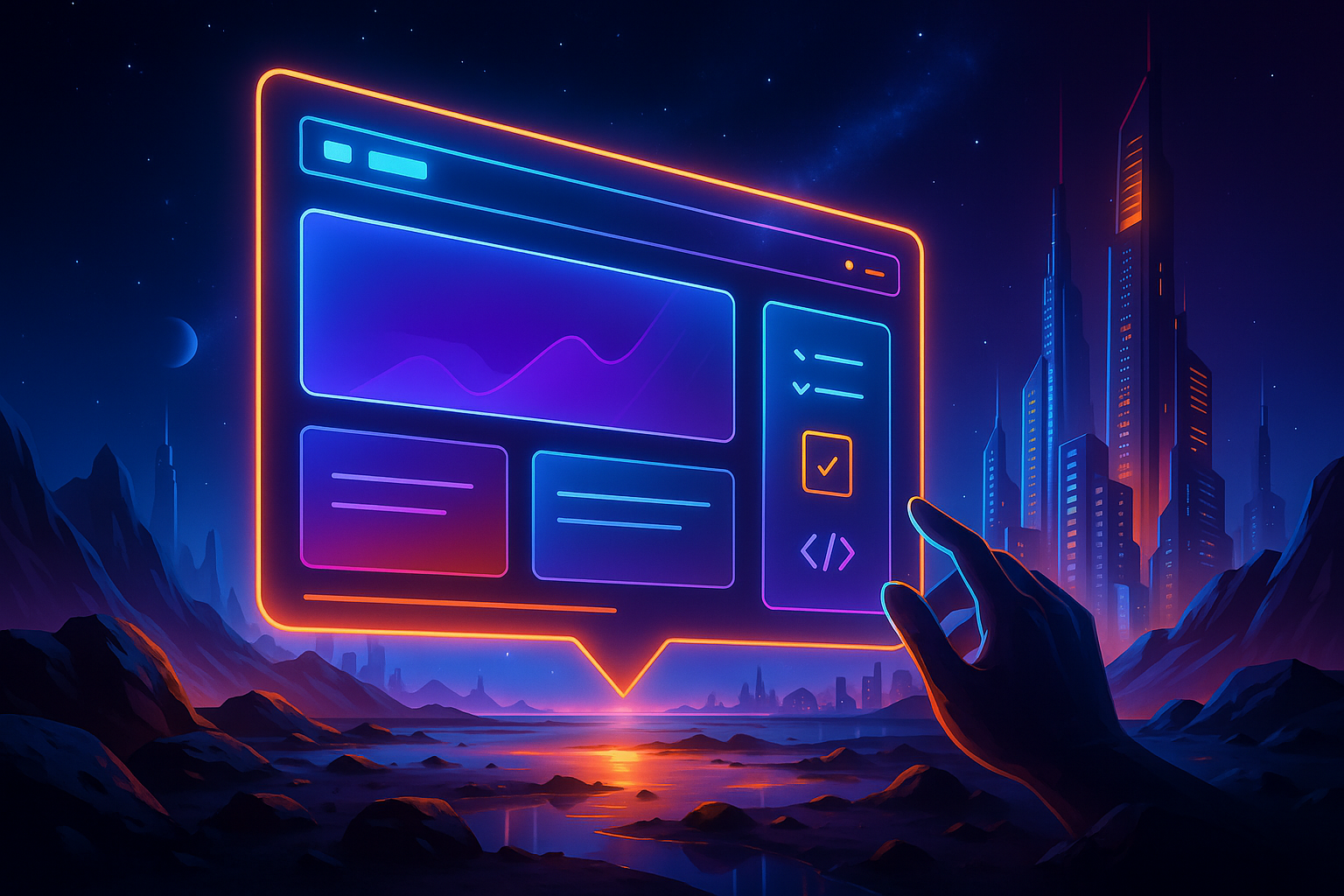 Illustration futuriste représentant la refonte d’un site web, avec un écran holographique en cours de transformation dans un décor numérique vibrant, entouré d’une ville néon et de paysages cosmiques, symbolisant l’innovation, l’expérience utilisateur et l’évolution technologique.