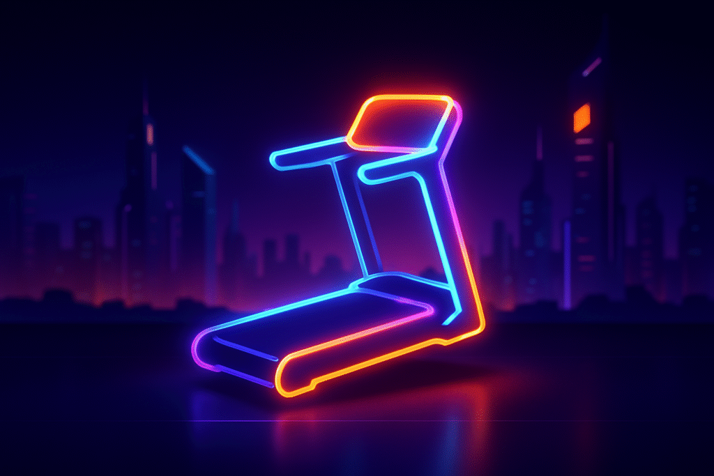 Illustration minimaliste futuriste d'une salle de sport située dans une ville technologique, représentée par un unique élément holographique 3D lumineux aux couleurs néon violet, bleu électrique et orange vif, symbolisant la modernité, l'énergie et le dynamisme sportif.